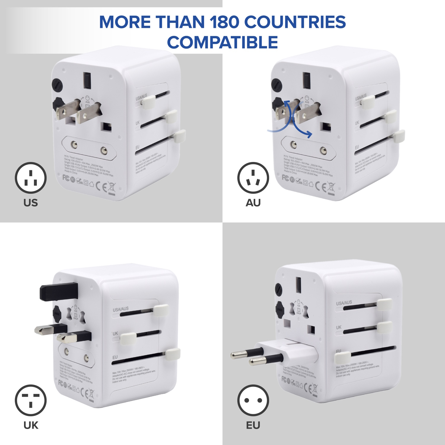 Adattatore Di Viaggio Universale US/UK/AU/EU – Compatto, 5A, 110-250V, Con Protezione Da Sovratensioni